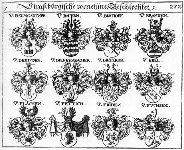 Coats of arms of Bauer, Baumgartner, Bauren, Bauwern, Bischoff, Branden, Brandt, Dedinger, Dieffenbach, Dieffenbacher, Dieterich, Dietrich, Ebel, Fettich, Flachen, Friden, Fuchs, Fuchsen, Pauern, Paumgärtner