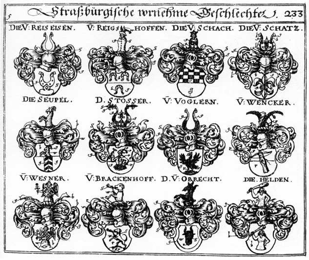 Coats of arms of Brackenhoff, Brackenhoffer, Helden, Obrecht, Obrechten, Reichshoffer, Reigshoffen, Schach, Schachen, Schatz, Seupel, Stösser, Vogeler, Vogler, Voglern, Wencker, Wesner