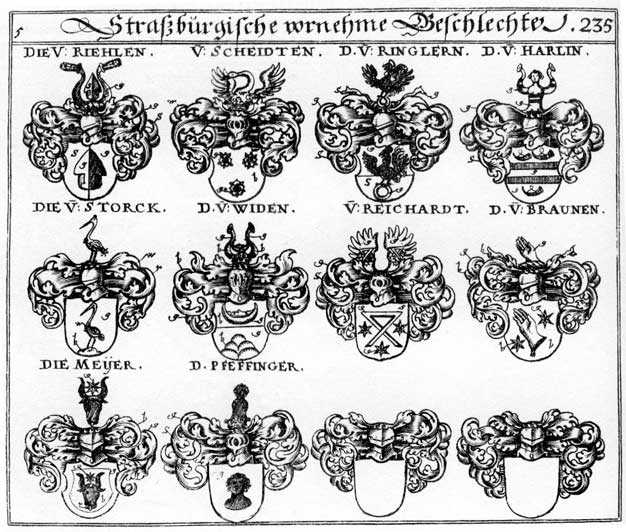 Coats of arms of Braun, Braunen, Majer, Mejer, Meyer, Pfeffinger, Praune, Reichardt, Reichardten, Reicharter, Riehlen, Ringlern FH, Scheidt, Scheidten, Storck, Widen, Wyden