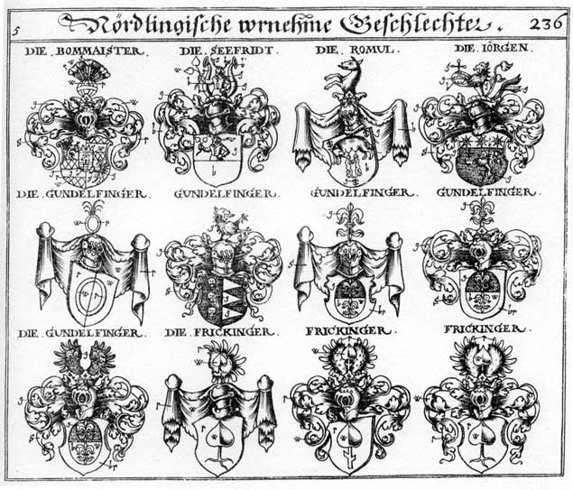 Coats of arms of Bommaister, Gundelfinger, Joergen, Jörgen, Romul, Rumel, Schauer, Seefriedt
