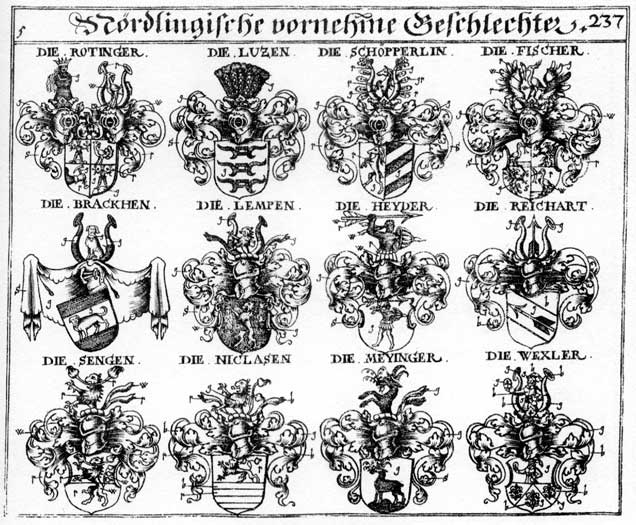 Coats of arms of Brackhen, Fischer, Heyder, Lemp, Lempen, Lutzen, Lüzen, Meyinger, Niclasen, Reichardt, Reichardten, Reicharter, Rotinger, Schopperlein, Sengen, Vischer