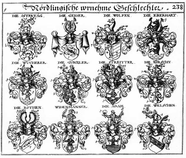 Coats of arms of Adam, Eberhart, Geider, Guntzler, Ostertag, Roden, Rodt, Roten, Roth, Rothen, Streit, Streitter, Welschen, Widemann, Widenmänner, Wolff, Wolffen, Wucherer, Zoischy