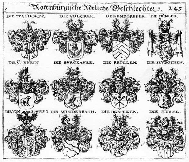 Coats of arms of Bentzen, Burckauer, Dümler, Geisendörffer, Husel, Pentzen, Prollen, Rein, Reine, Rhein, Staldorff, Völcker, Winderbach, Winterbächer