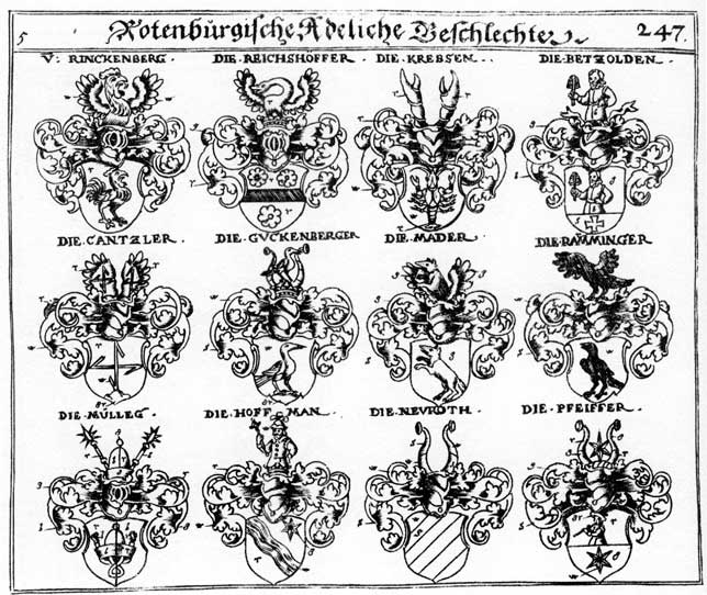Coats of arms of Betzold, Cantzler, Guckenberger, Hoffmann, Hoffmanner, Krebs, Krebse, Mader, Muelich, Müleeg, Mülleg, Neuroth, Ordtlieb, Ortlieb, Pfeiffer, Raminger, Reichshoffer, Reigshoffen, Rinckenberg, Ringgenberg