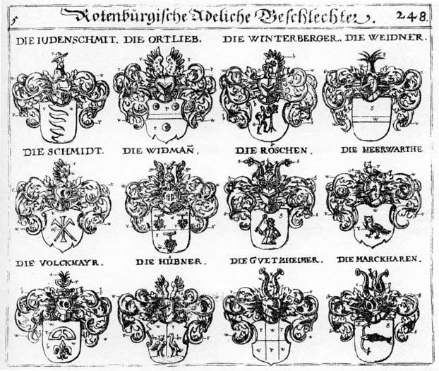 Coats of arms of Heerwarthe, Hubner, Huebner, Hybner, Judenschmit, Marckhaeren, Ordtlieb, Ortlieb, Reschen, Roeschen, Röschen, Schmidt, Schmidten, Schmit, Stauden, Stauttern, Volckmayr, Weidner, Winderberger, Winterberg, Winterberger