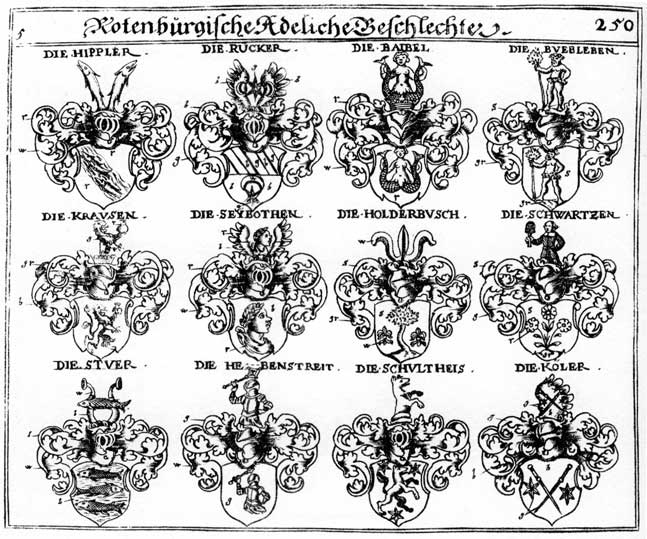 Coats of arms of Buebleben, Hebenstreit, Hippler, Holderbusch, Köhler, Köler, Kölern, Kraus, Krausen, Riecker, Rücker, Schultheis, Schwartz, Schwartzen, Stuer, Sturen