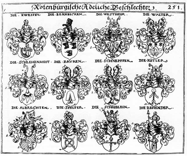 Coats of arms of Albrecht, Albrechten, Bauer, Bauren, Bawern, Bernbecken, Blattenhardt, Koetler, Pauern, Plattenhardt, Schlechenriedt, Spelter, Waltber, Walter, Westheim, Westheimer, Zehender, Zweiffel, Zweiffelen