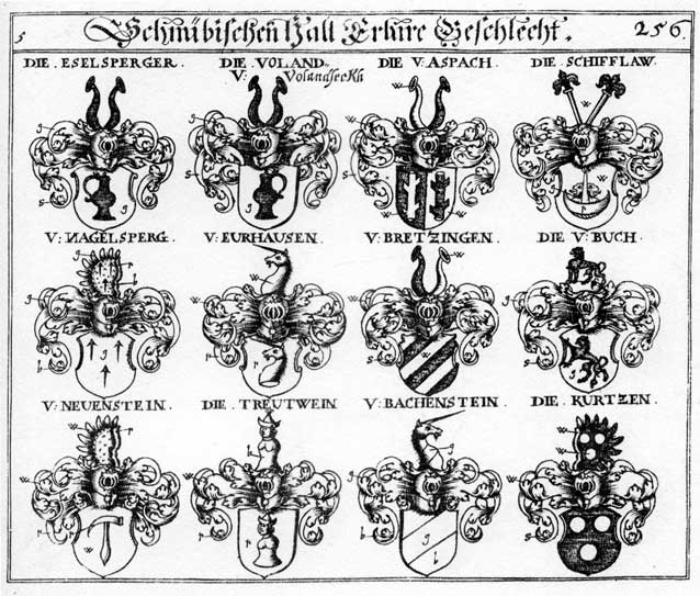 Coats of arms of Aschpach, Aspach, Bachenstein, Bretzingen, Buch, Buoch, Eselsperger, Eurhausen, Kurtzen, Nagelsperg, Neuenstein, Newenstein, Puch, Voland