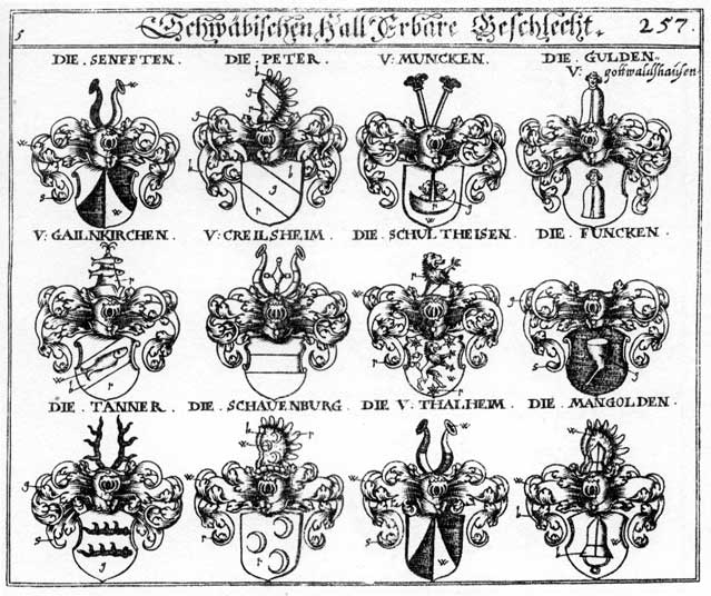 Coats of arms of Gailkirchen, Gailnkircher, Gulden, Mangolden, Muncken, Peter, Schauenburg, Schultheis, Senfft, Senfften