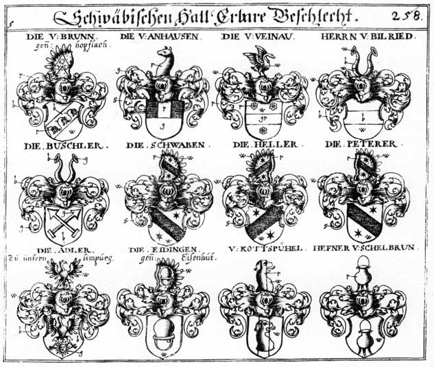 Coats of arms of Adler, Anhausen, Bilried, Brunn, Brunnen, Buschler, Eidingen, Eisenhut, Hefner, Heller, Herrn, Hopflach, Peterer, Schwab, Schwaben, Schwaven, Veinau