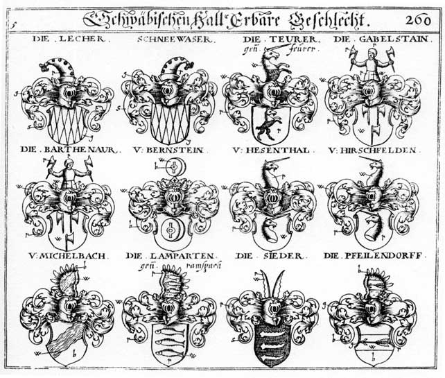 Coats of arms of Barthenauer, Bernstein, Gabelstein, Gabelsteiner, Hirschfeldt, Hirschfeldten, Lamparten, Lecher, Michelbach, Pfeilendorf, Ramspach, Schneewasser, Schnewasser, Sieder