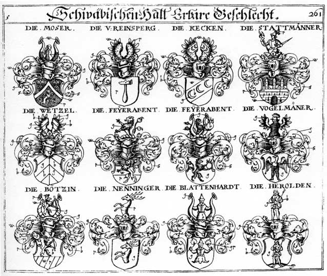 Coats of arms of Böltzin, Feyerabend, Herolden, Kecken, Moser, Mosser, Nenninger, Reinsperg, Reinsperger, Stattmänner, Vogelmänner, Wetzel