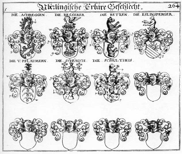 Coats of arms of Achbeggen, Besserer, Betzlen, Eslinsperger, Petzen, Pezzen, Pflaumer, Pflaumern, Schultheis, Schürich