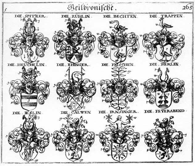 Coats of arms of Bechten, Berlin, Calven, Calwen, Ehinger, Feyerabend, Frischen, Heuchelin, Irnfinger, Jeslin, Spitzer, Trappen