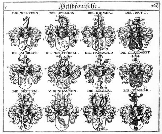 Coats of arms of Albrecht, Albrechten, Clandorff, Diemer, Frommott, Kuchler, Kugler, Olnhausen, Ostertag, Rieser, Spenlin, Teurer, Wolff, Wolffen, Wolfskeel