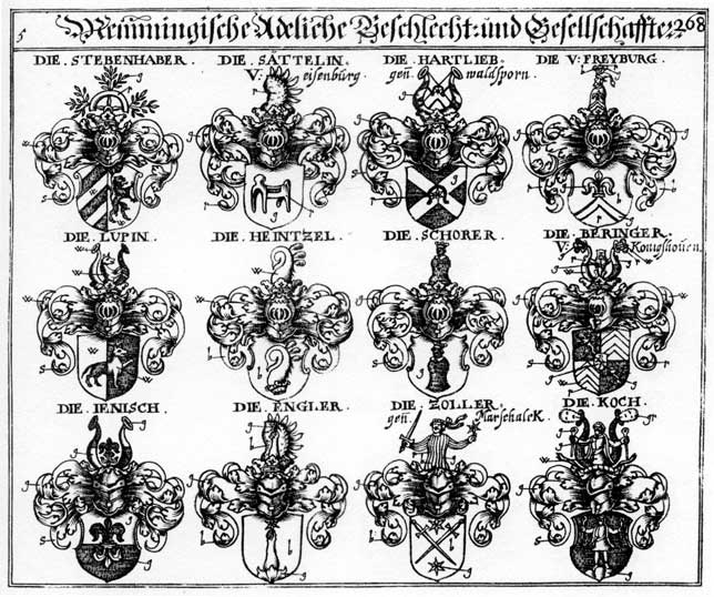 Coats of arms of Beringer, Freyburg, Haintzel, Hartlieb, Hayntzel, Heintzel, Jenisch, Jhenisch, Kach, Koch, Lupin, Ruhlen, Sättelin, Schorer, Stebenhaber, Waldsporn, Zoller