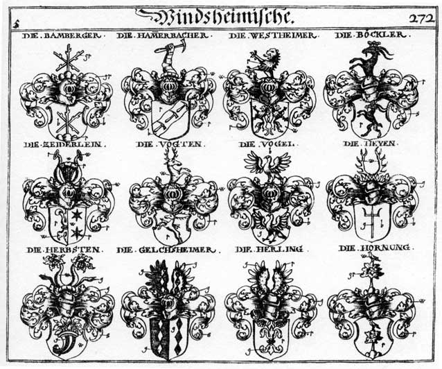 Coats of arms of Bamberger, Böckler, Hammerbacher, Herbst, Herbsten, Herling, Heyen, Horning, Hornung, Vogel, Vogl, Vögt, Vögten, Voiten, Westheim, Westheimer, Zeiderlein