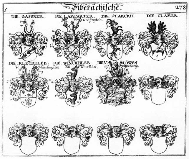 Coats of arms of Clammer, Gassner, Klammer, Kleckhler, Klöckhler, Lamparter, Lewen, Löwen, Starck, Starcken, Winckler