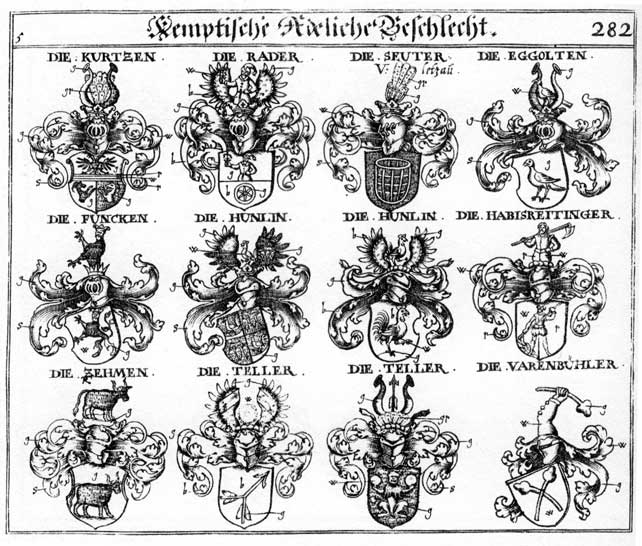 Coats of arms of Deller, Eggolten, Habisreitinger, Hunlin, Kurtzen, Rader, Seuter, Seytter, Teller, Varenbühler, Varnbühler, Zehmen