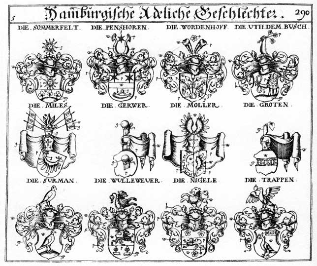 Coats of arms of Gerber, Gerweu, Groten, Miles, Moller, Nigele, Penschoren, Surmann, Trappen, Uth dem Busch, Wolleweuer, Wordenhoff