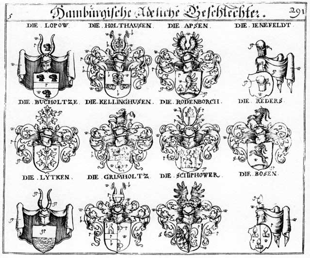 Coats of arms of Apsen, Bosen, Buchholz, Buchholzer, Grimholtz, Holthausen, Jenefeld, Kellinghufen, Lopow, Lutken, Lytken, Pose, Posen, Reders, Rodenborg, Schiphower