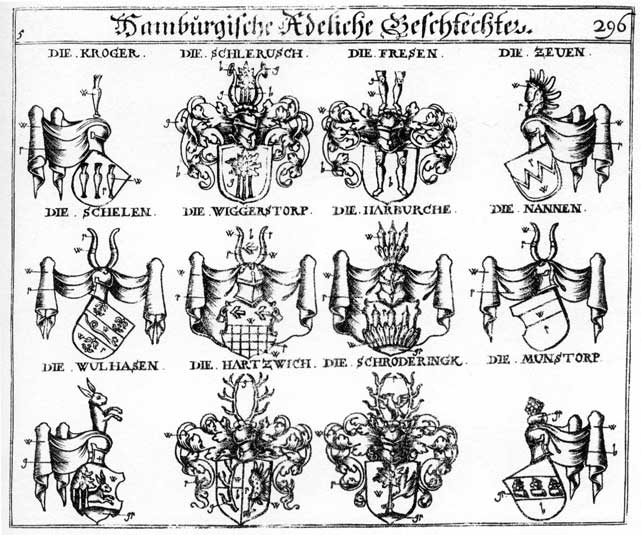 Coats of arms of Frese, Fresen, Hartzwich, Kroger, Nann, Nannen, Schelen, Schlerusch, Schroderingk, Wiggersdorp, Wulhausen, Zeven