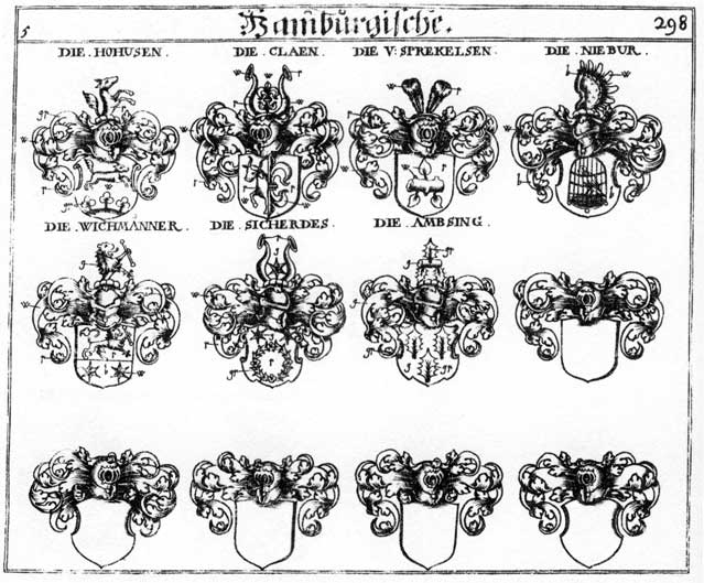 Coats of arms of Ambsing, Amsing, Claen, Hohusen, Niebur, Nieburen, Sicherdes, Spreckelsen, Wichmänner