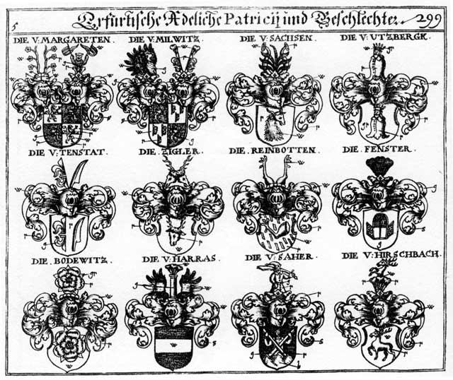 Coats of arms of Bodewitz, Denstatt, Fenster, Harrach, Hirschbach, Hirschpach, Margareten, Milwitz, Reinbotten, Rheinbotter, Sachs, Sachsen, Saher, Tenstat, Utzbergk, Ziegler, Zigler
