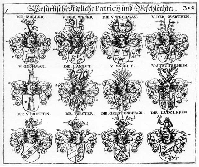 Coats of arms of Bretten, Forster, Gerstenberg, Gerstenberger, Grohmann, Langut, Ludolffen, Marthen, Moeller, Möller, Stotternheim, Vasett, von der Weser, Wechmann