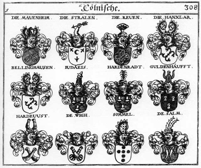Coats of arms of Bellinghausen, Bellinkhusen, Guldenhaufft, Hardenraht, Harevust, Hauplar, Judaeis, Mauenheim, Reffen, Reven, Salm, Stralen
