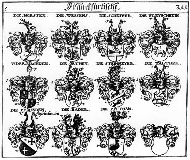 Coats of arms of Bader, Fleischbein, Horst, Horsten, Orten, Orthen, Pader, Pfrunden, Pitthan, Scheffer, Steinmeyer, V  der Birghden, Walter, Walther, Wessens