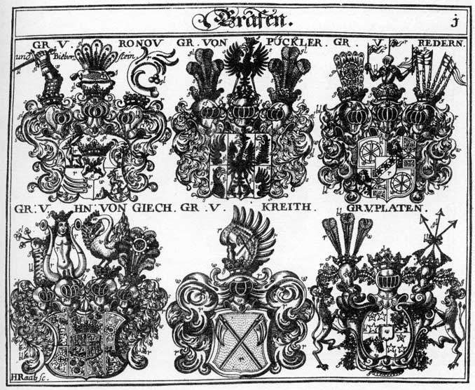 Coats of arms of Giech, Grimani, Kreith, Redern, Ronov