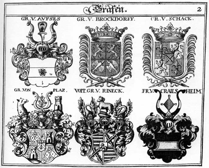 Coats of arms of Aufses, Brockdoff, Crailshaim, Creilsheim, Kreilsheim, Platzen, Plaz, Rineck, Schack, Voit