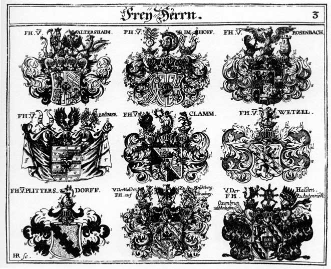 Coats of arms of Altershaim FH, Altershaimer FH, Brömse FH, Clam FH, Halten, Plittersdorff FH, Rosenbach FH, Uyghardevast, V  der Halden l, Wetzel FH