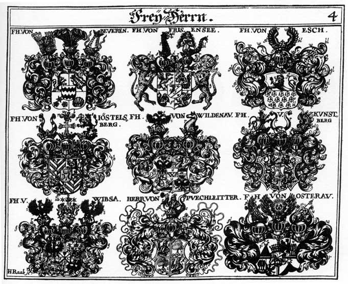 Coats of arms of Beveren FH, Esch FH, Friesensee FH, Frisensee FH, Joestelsberg FH, Jöstelsberg FH, Kunftberg FH, Osterau FH, Puechleitter FH, Wibsa FH, Wickha FH, Wildenau FH