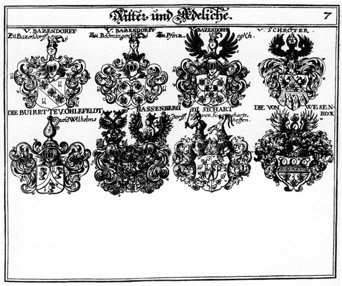 Coats of arms of Bazendorff, Buirette, Hasenberg, Hassenberg, Schröder, Schröter, Sichart, Sighart, Wesenbeck
