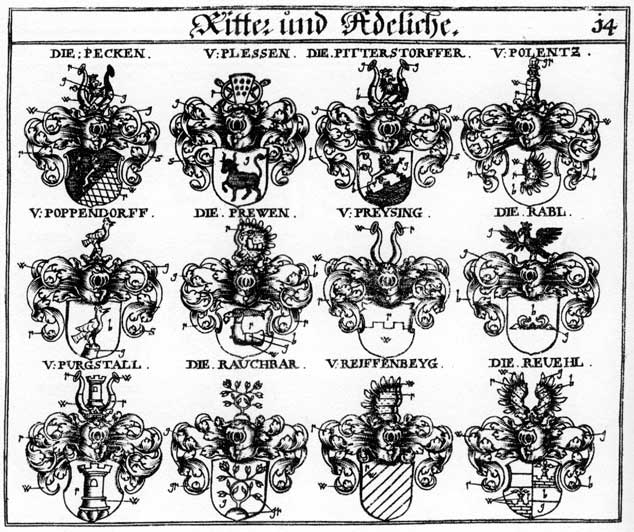 Coats of arms of Becke, Blessen, Burgstalt, Peck, Peckh]en, Pittersstorffer, Pless, Plessen, Polentz, Poppendorff, Preisinger, Preven, Prewen, Preysing, Purgstall, Rabl, Rauchbar, Reiffenbeyg, Revchl