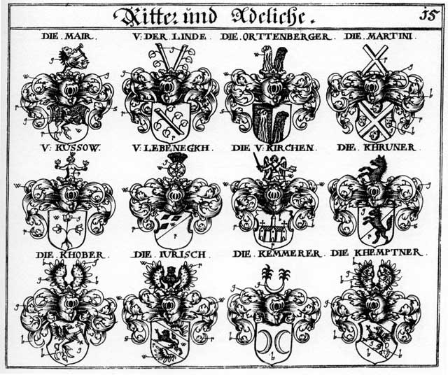 Coats of arms of Juritsch, Khober, Khruner, Kirchlen, Kussow, Kussowen, Lebcnegkh, Mair, Mairn, Majer, Martini, Mayer, Mayr, Oettenberger, Orttenberger, Ottenberg, Ottenberger