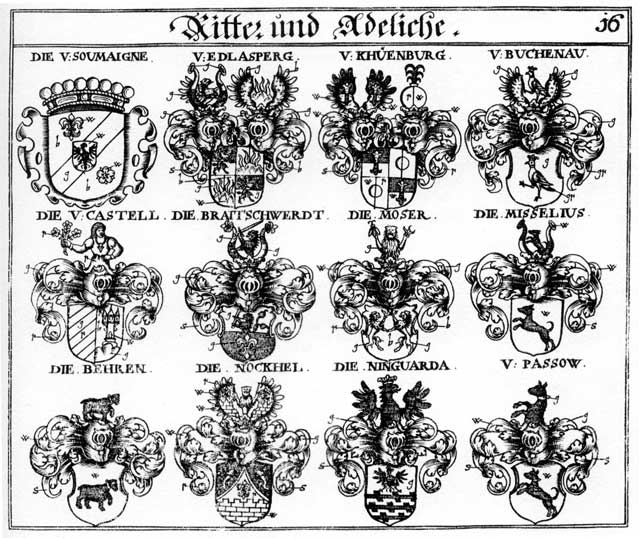 Coats of arms of Beer, Behr, Behrn, Bern, Braitschwerd, Castel, Castellitt, Edlasperg, Misselig, Moser, Mosser, Ninguarda, Nockhel, Paslow, Pern, Soumaigne