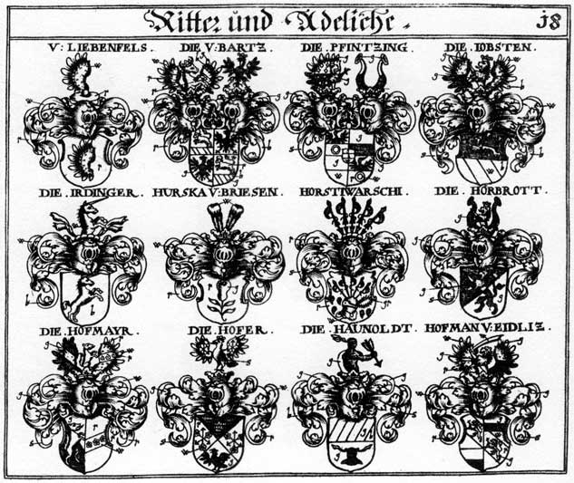 Coats of arms of Bartz, Bischoffsheim, Haunoldt, Haunoldten, Hofer, Hoffer, Hoffmann, Hoffmanner, Hoffmayr, Horbrodt, Horstiwarschi, Hurska, Irdinger, Jobsten, Liebenfels, Pfinzing, Wildsberg