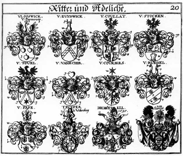 Coats of arms of Coullat, Couriers, Moestel, Möstel, Pape, Riedl, Rudel, Stamler, Stock, Stocken, Tovel, Truefer, Ulooswick, Zuydwick