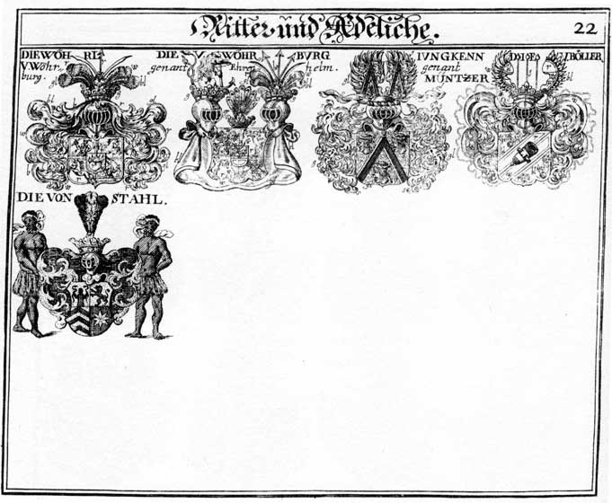 Coats of arms of Böller, Ehrenhelm, Jungkenn, Münczer, Müntzer, Poller, Wöhrburg, Wöhrl