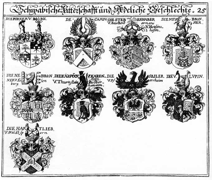 Coats of arms of Campo, Hartlieb, Holtzapfel, Lupin, Neubronner, Neubrunner, Pircker, Sailer, Sayler, Stebenhaber