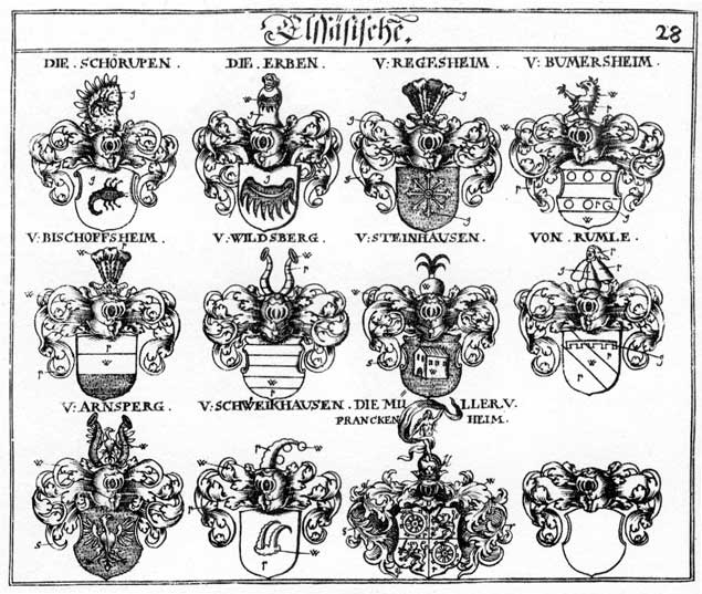 Coats of arms of Arnsperg, Bummersheim, Erben, Miller, Müller, Mullner, Myller, Pranckenheim, Regesheim, Rumle, Schörupen, Schweickhausen, Stainhausen, Steinhaus, Steinhausen