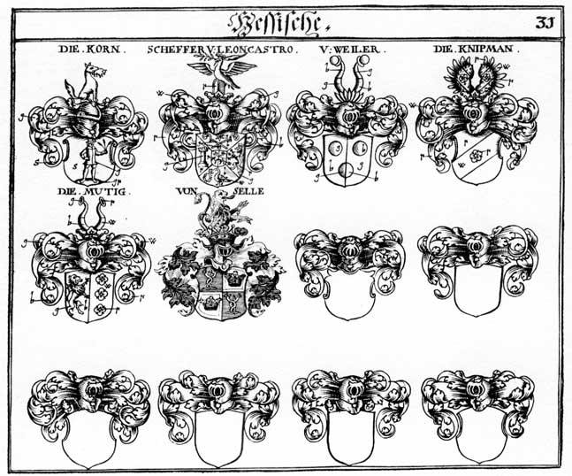 Coats of arms of Korn, Mutius, Scheffer, VVeyler, Weiler