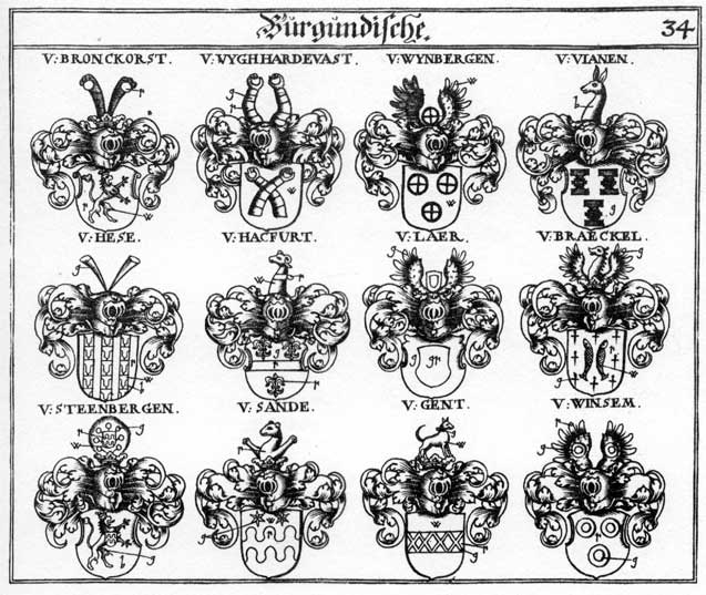Coats of arms of Braeckel, Bronckorst, Gent, Genth, Hackfurt, Hese, Hesen, Laër, Sande, Steenberger, Vianen, Winsem, Wynbergen