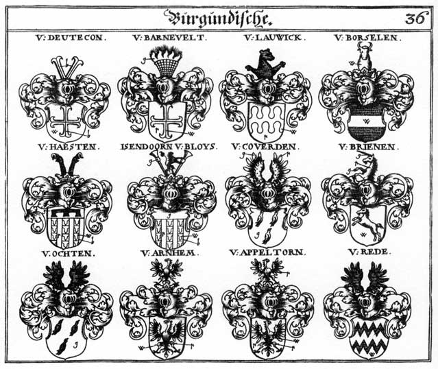 Coats of arms of Appeltorn, Arnhem, Barnevelt, Borselen, Brienen, Deutecon, Haesten, Isendorn, Lauwick, Ochten, Raeden, Rede, Reden, Rheten