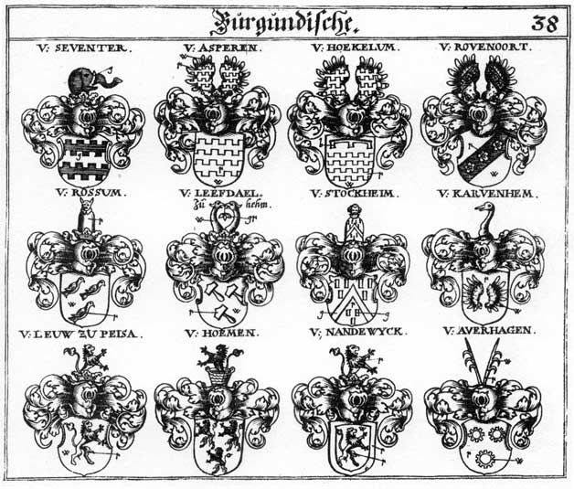 Coats of arms of Asperen, Auerhagen, Höckelum, Hoeckelum, Hoemen, Karvenhem, Lcesdael, Leuw, Nandewyck, Rossum, Rovenoort, Seventer, Stockheim