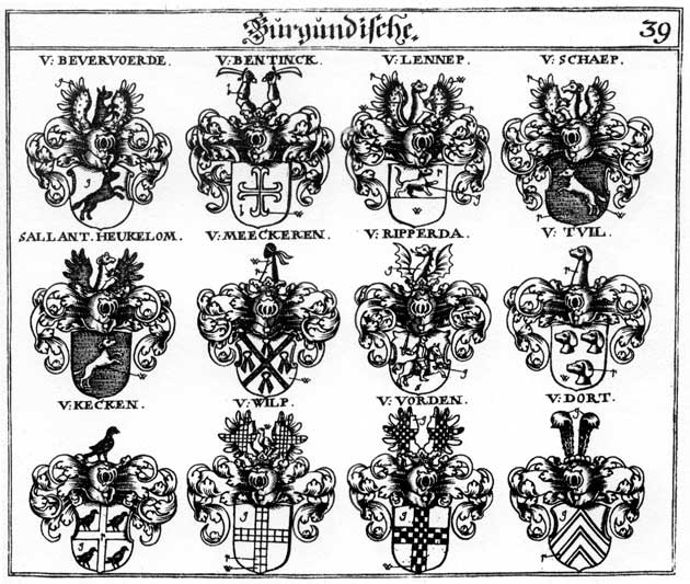 Coats of arms of Bentinck, Bevervorde, Dort, Heukelom, Heukelum, Kecken, Lennep, Meckern, Meeckeren, Ripperda, Sallant, Schaep, Tuil, Vorden, Wilp