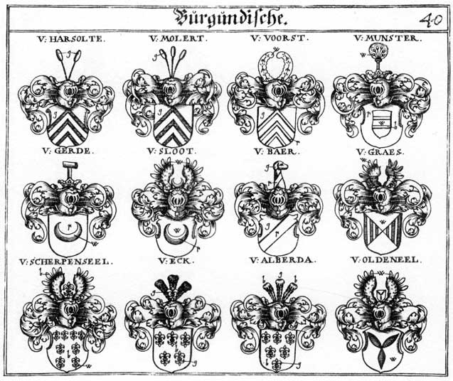 Coats of arms of Baër, Baërn, Bähren, Beern Behren, Eck, Ecken, Eckh, Egg, Gerde, Graes, Harsolte, Molert, Münster, Oldeneel, Raechen, Reschen, Scherpenseel, Sloot, Voorst